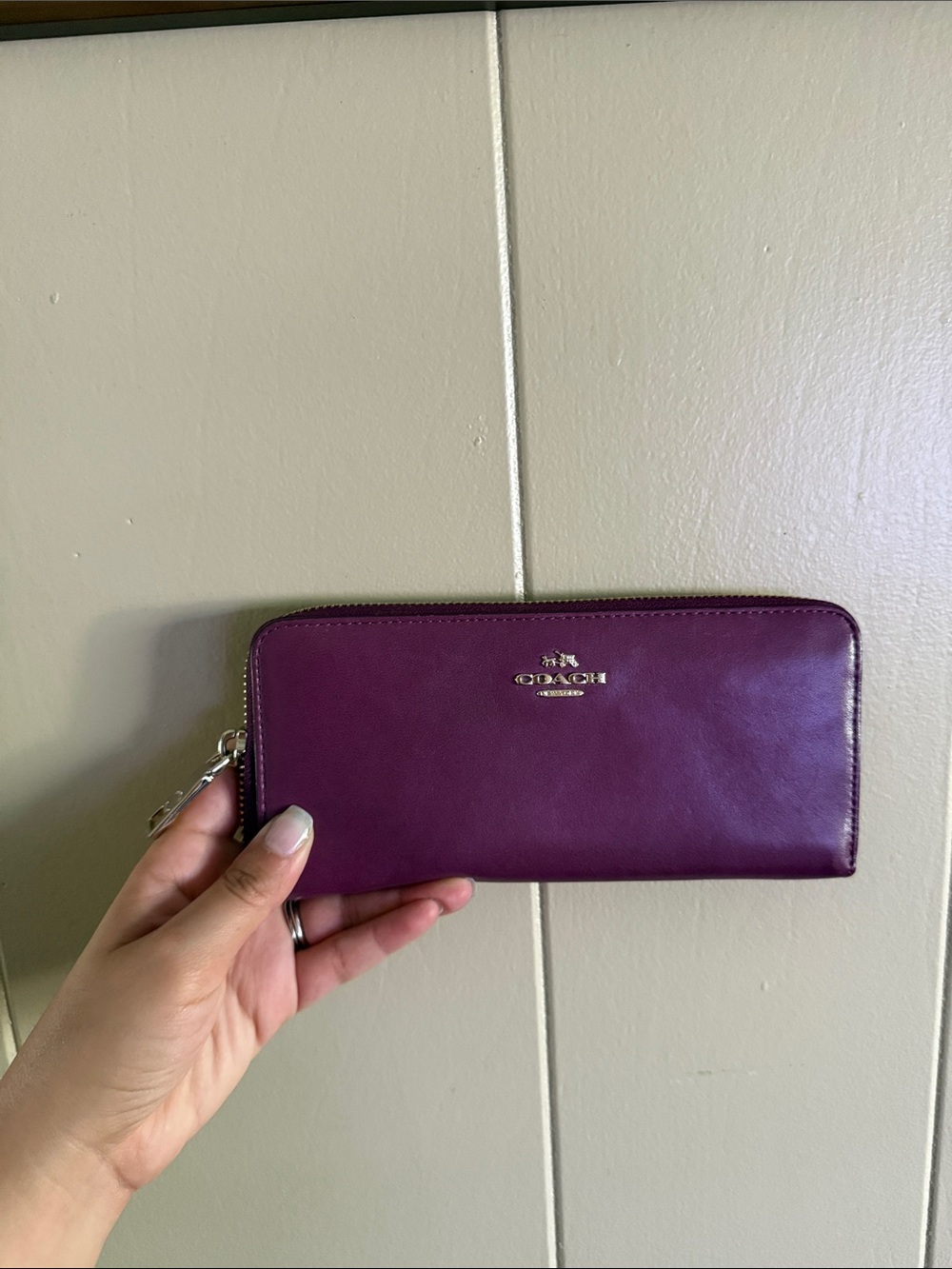 Coach Plum Zip-Around Leather Wallet with Silver Hardware
